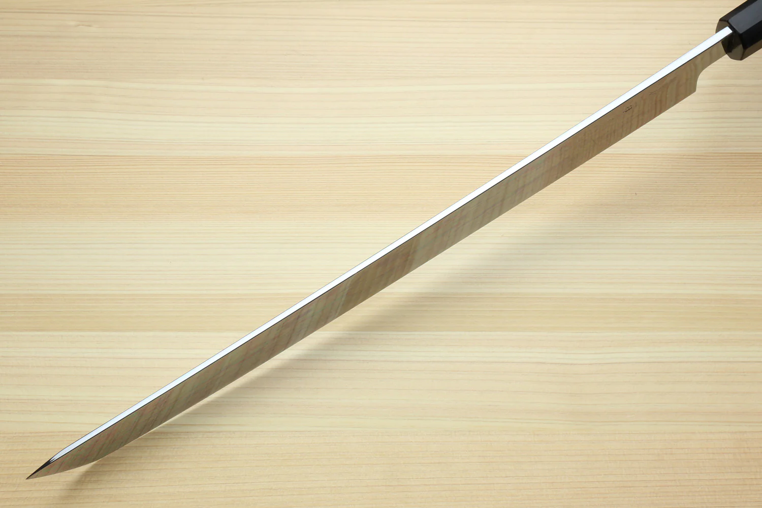 Yoshihiro Mizu Honyaki White Steel #1 Two Sided Mirror-Finished Mt. Fuji Namiukashi Sakimaru Takobiki Premium Ebony Handle with Ebony Cover 13" (330mm) - IKEDA Limited Edition - Image 6