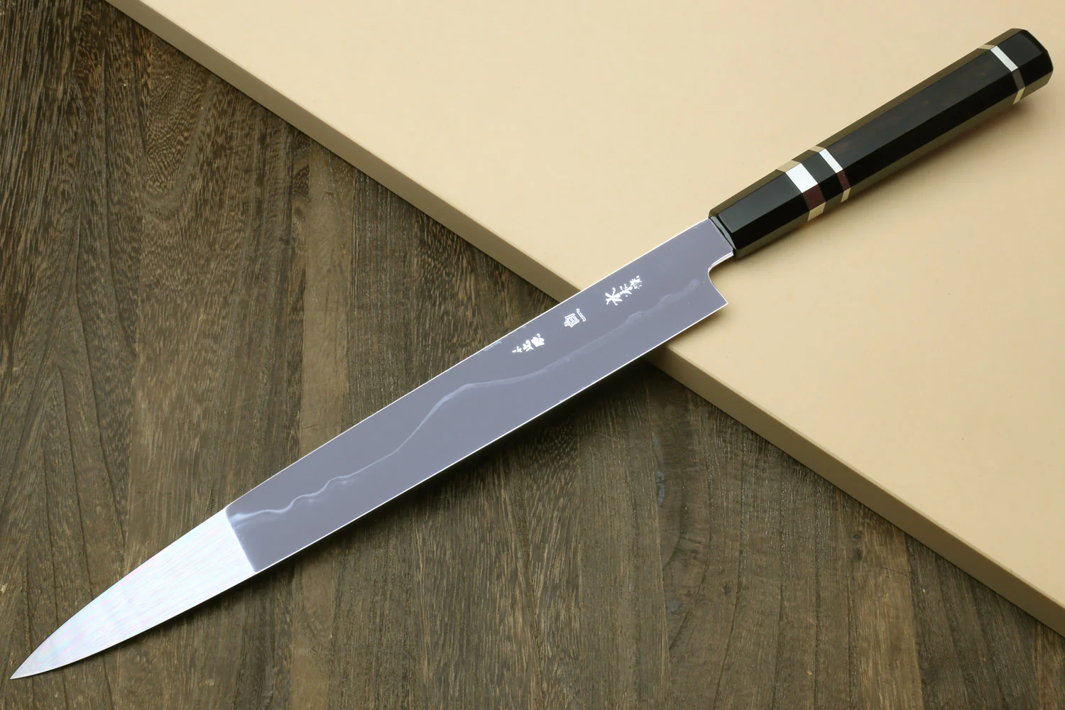 Yoshihiro Mizu Honyaki White Steel #1 Two Sided Mirror-Finished Mt. Fuji Namiukashi Yanagi Premium Triple Nickel Silver Ring Ebony Handle - IKEDA Limited Edition - Image 2