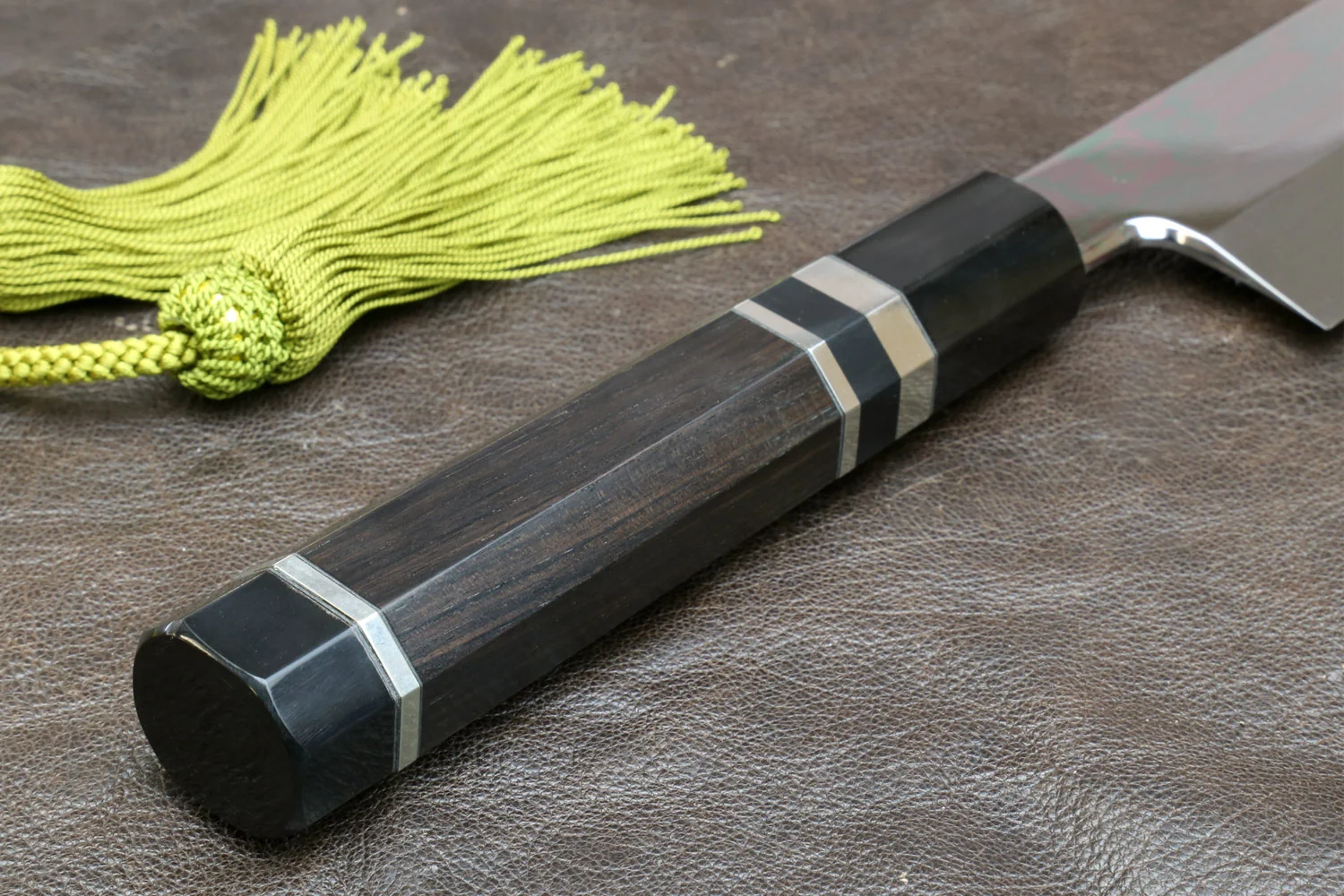 Yoshihiro Mizu Honyaki White Steel #2 Mirror Polished Mt. Fuji with Full Moon Kiritsuke with Oct. Ebony Triple Nickel Silver Ring Handle - Image 9