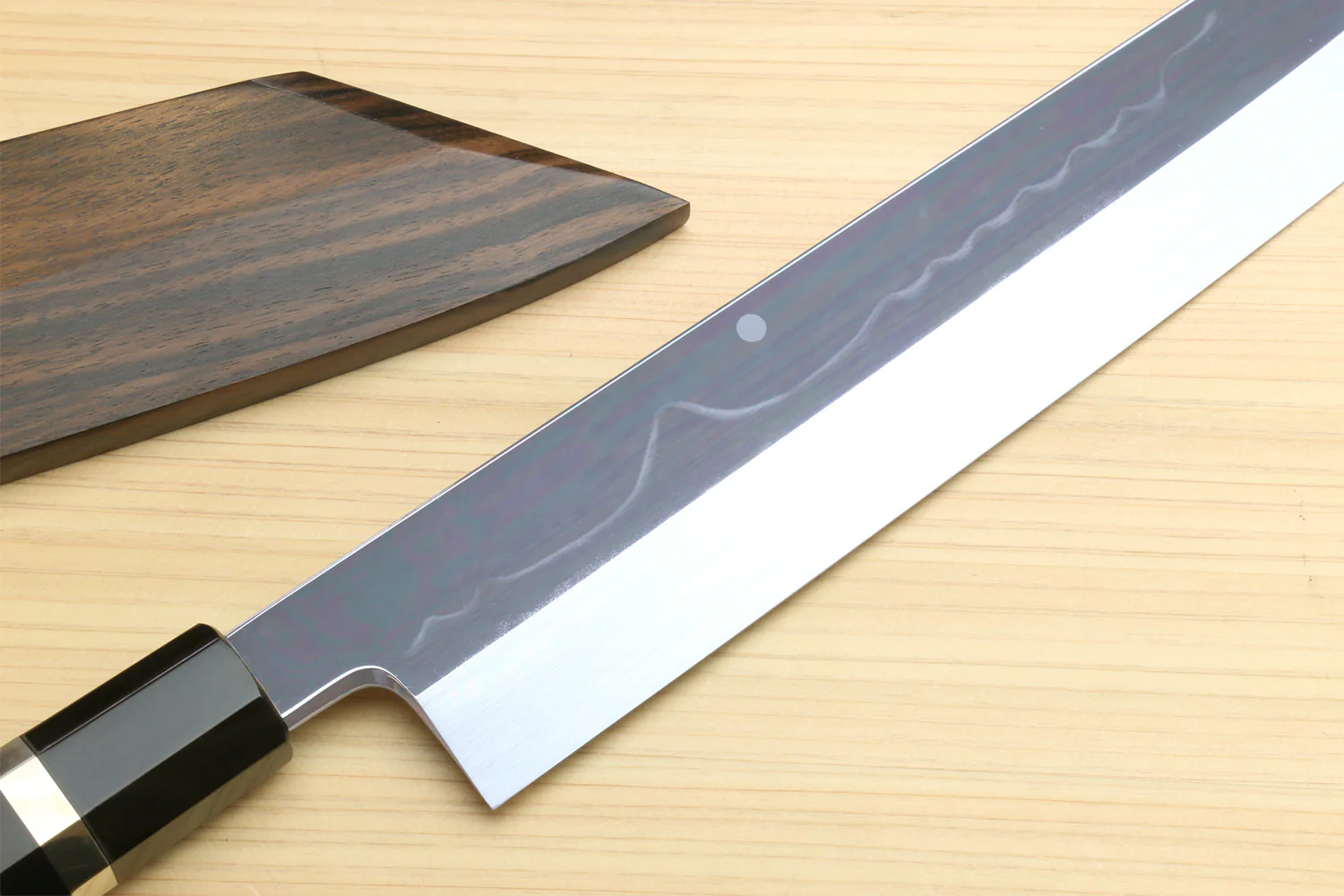 Yoshihiro Mizu Honyaki White Steel #2 Mirror Polished Mt. Fuji with Full Moon Kiritsuke with Oct. Ebony Triple Nickel Silver Ring Handle Ebony Saya - Image 2