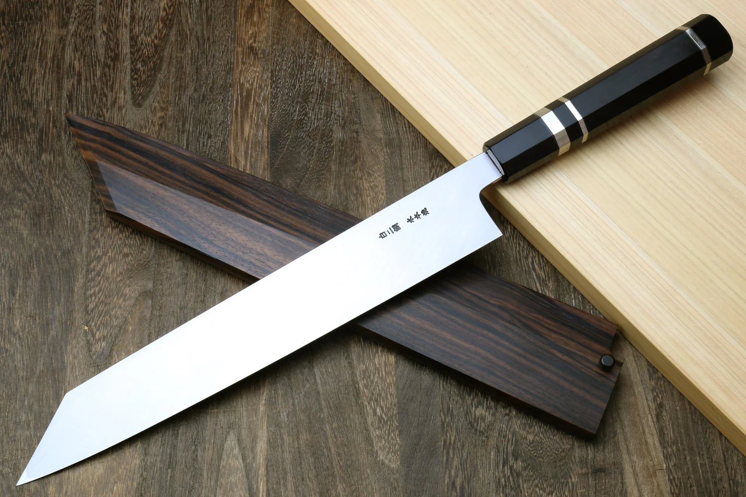 Yoshihiro Mizu Honyaki White Steel #2 Mirror Polished Mt. Fuji with Full Moon Kiritsuke with Oct. Ebony Triple Nickel Silver Ring Handle Ebony Saya - Image 3