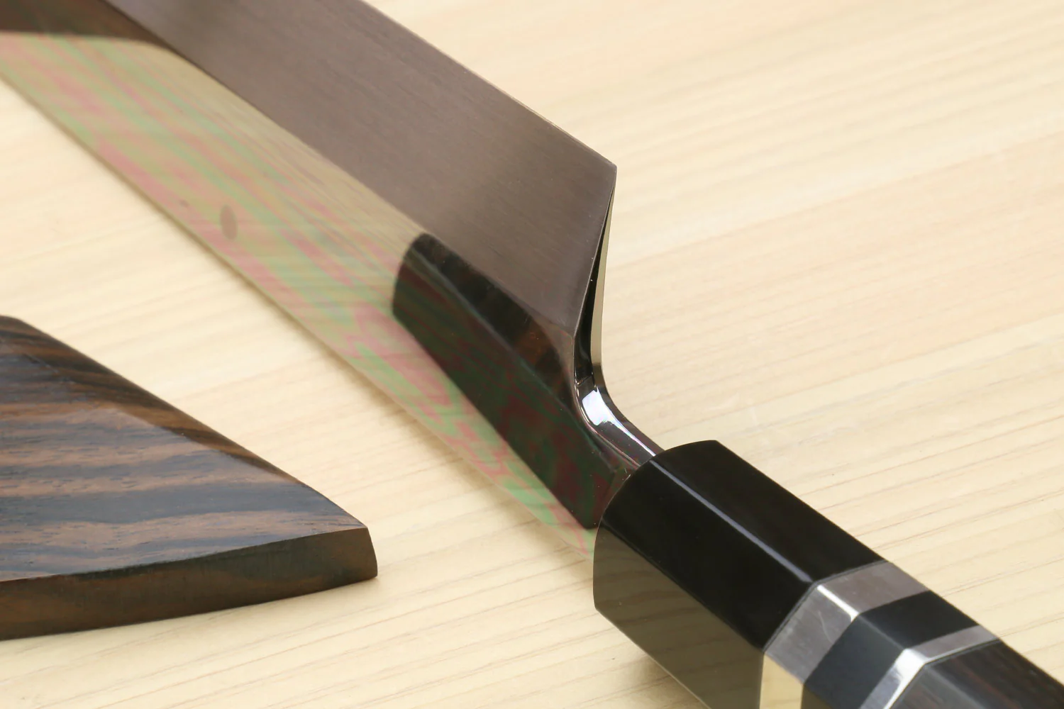 Yoshihiro Mizu Honyaki White Steel #2 Mirror Polished Mt. Fuji with Full Moon Kiritsuke with Oct. Ebony Triple Nickel Silver Ring Handle Ebony Saya - Image 6