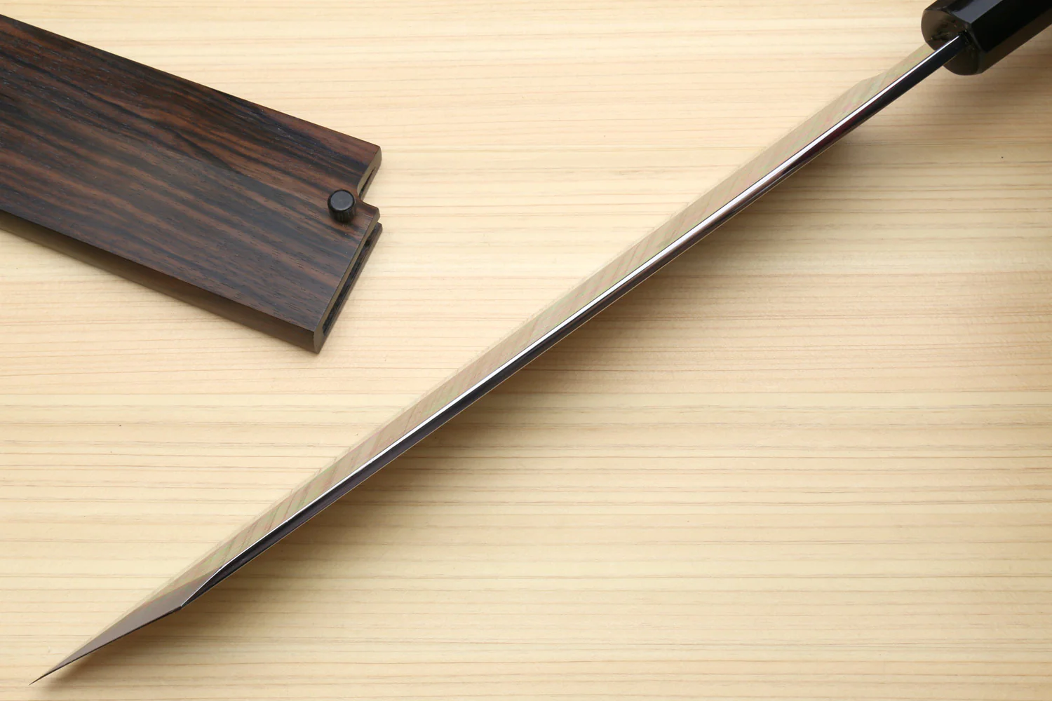 Yoshihiro Mizu Honyaki White Steel #2 Mirror Polished Mt. Fuji with Full Moon Kiritsuke with Oct. Ebony Triple Nickel Silver Ring Handle Ebony Saya - Image 7