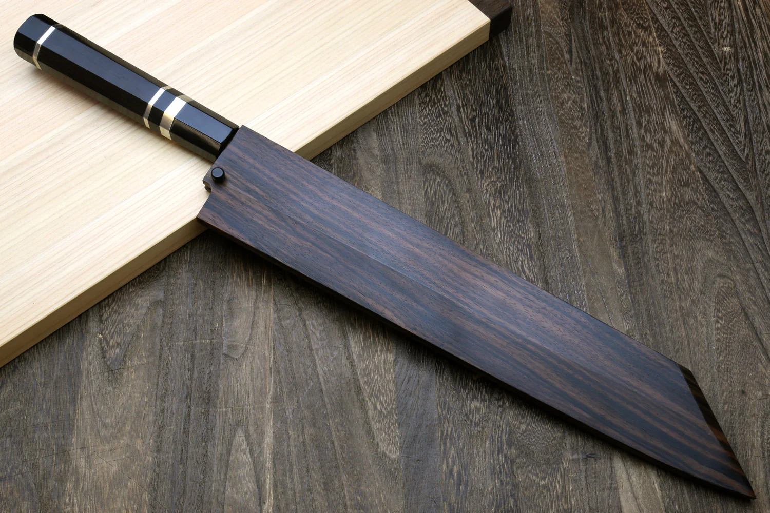 Yoshihiro Mizu Honyaki White Steel #2 Mirror Polished Mt. Fuji with Full Moon Kiritsuke with Oct. Ebony Triple Nickel Silver Ring Handle Ebony Saya - Image 8
