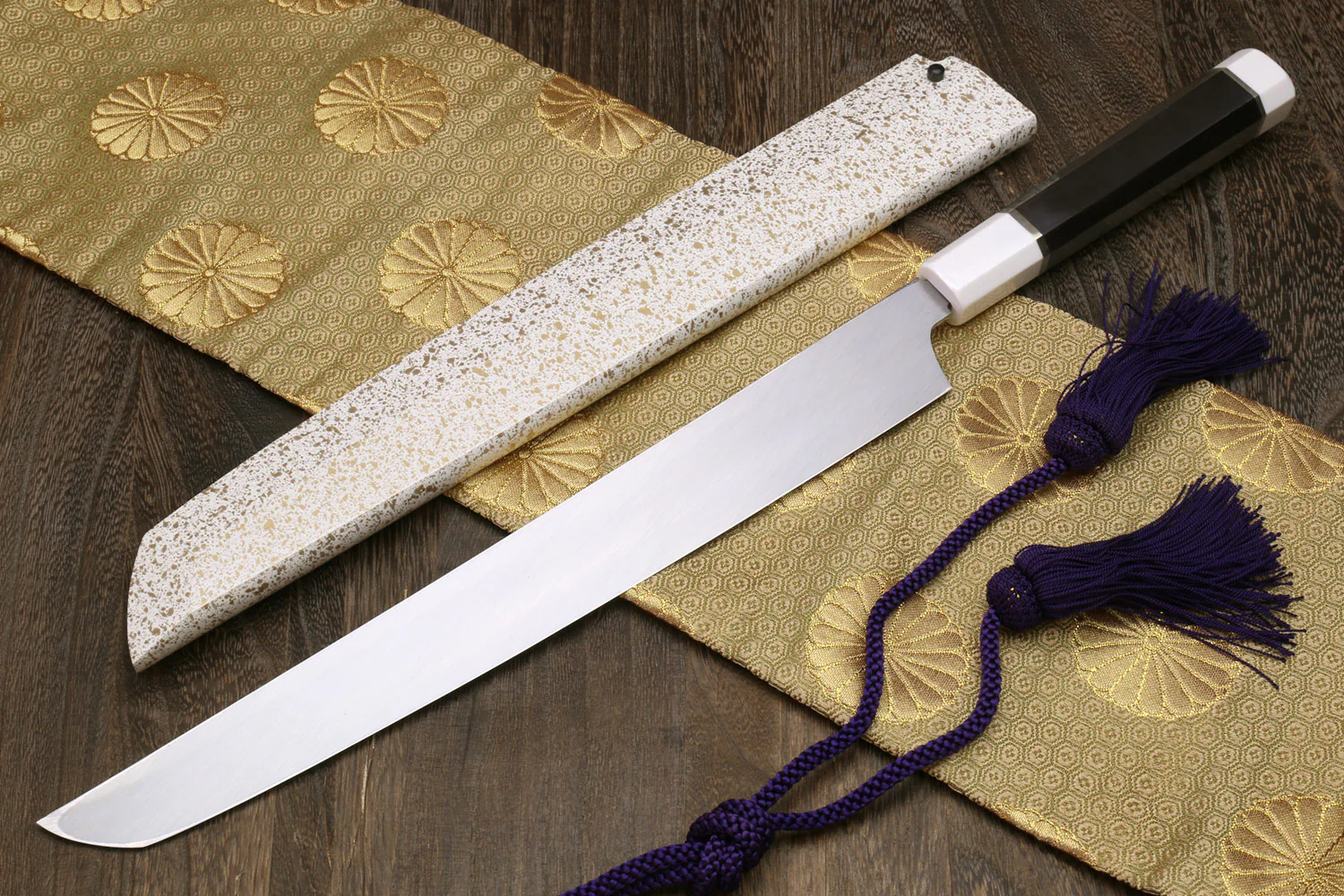 Yoshihiro Mizu Honyaki White Steel Mirror Finished Namiukashi Sakimaru Takobiki Sushi Sashimi Japanese Knife with Double Nickel Silver Ring Corian Ebony Handle - Image 4