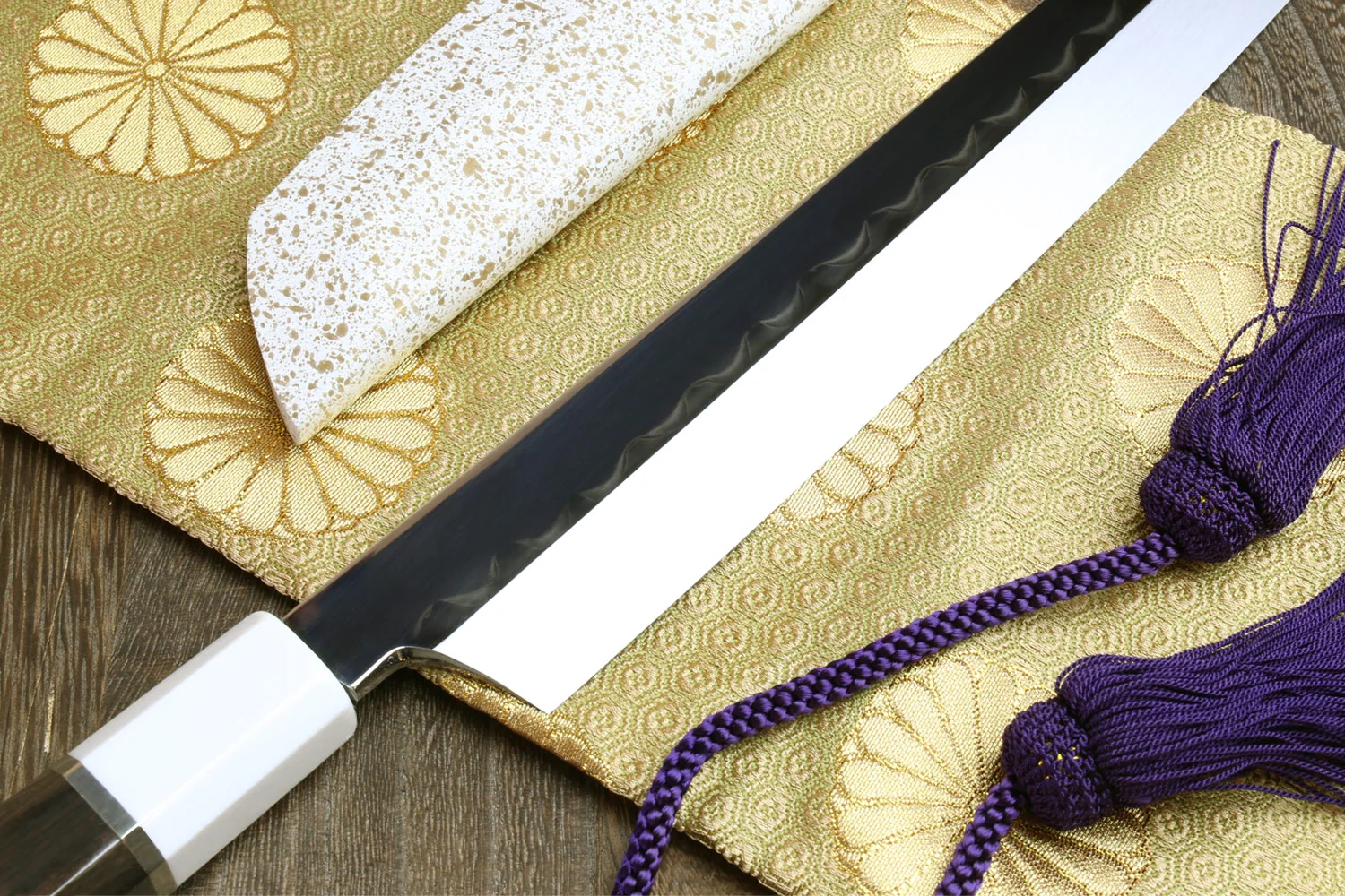 Yoshihiro Mizu Honyaki White Steel Mirror Finished Namiukashi Sakimaru Takobiki Sushi Sashimi Japanese Knife with Double Nickel Silver Ring Corian Ebony Handle - Image 5