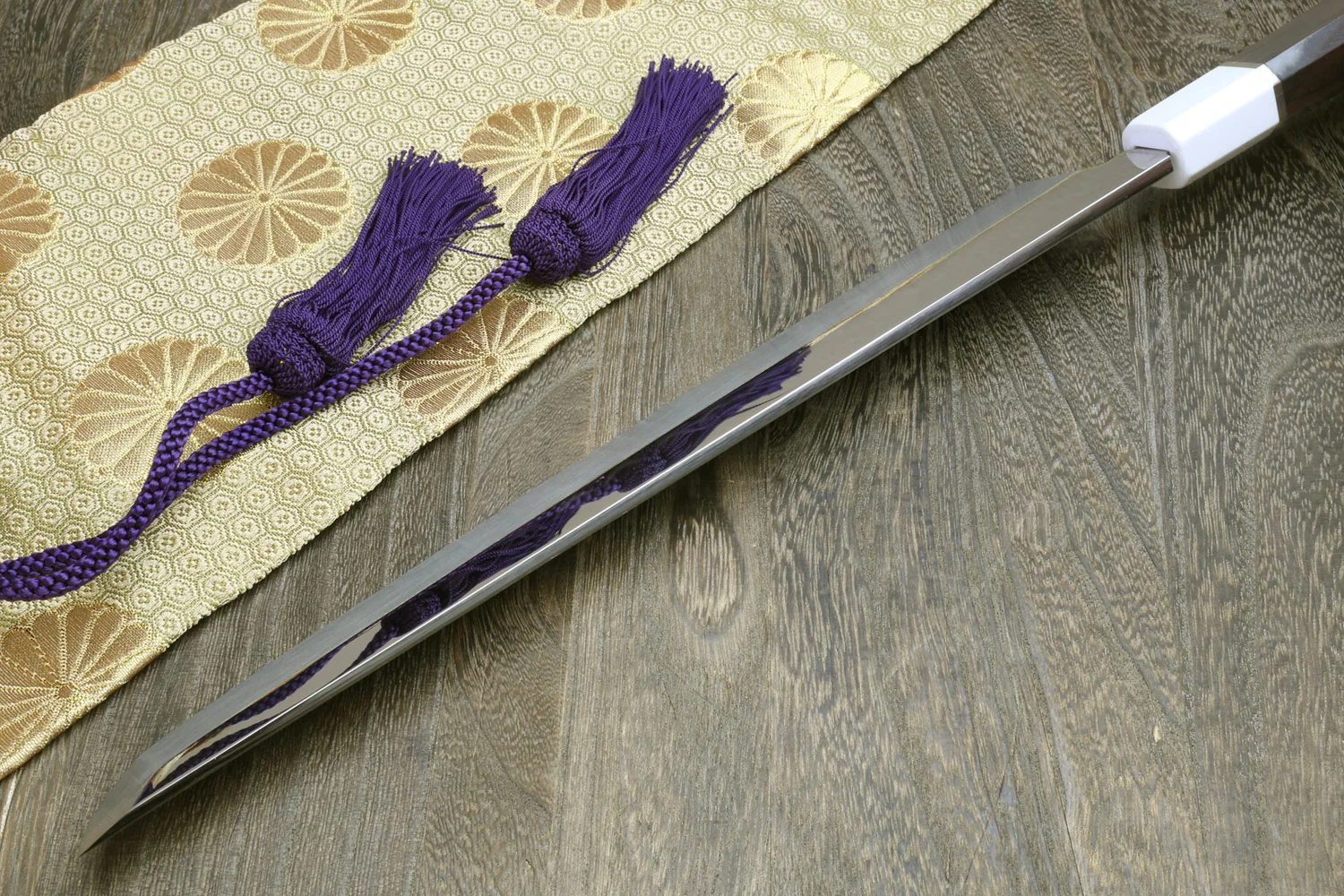 Yoshihiro Mizu Honyaki White Steel Mirror Finished Namiukashi Sakimaru Takobiki Sushi Sashimi Japanese Knife with Double Nickel Silver Ring Corian Ebony Handle - Image 7