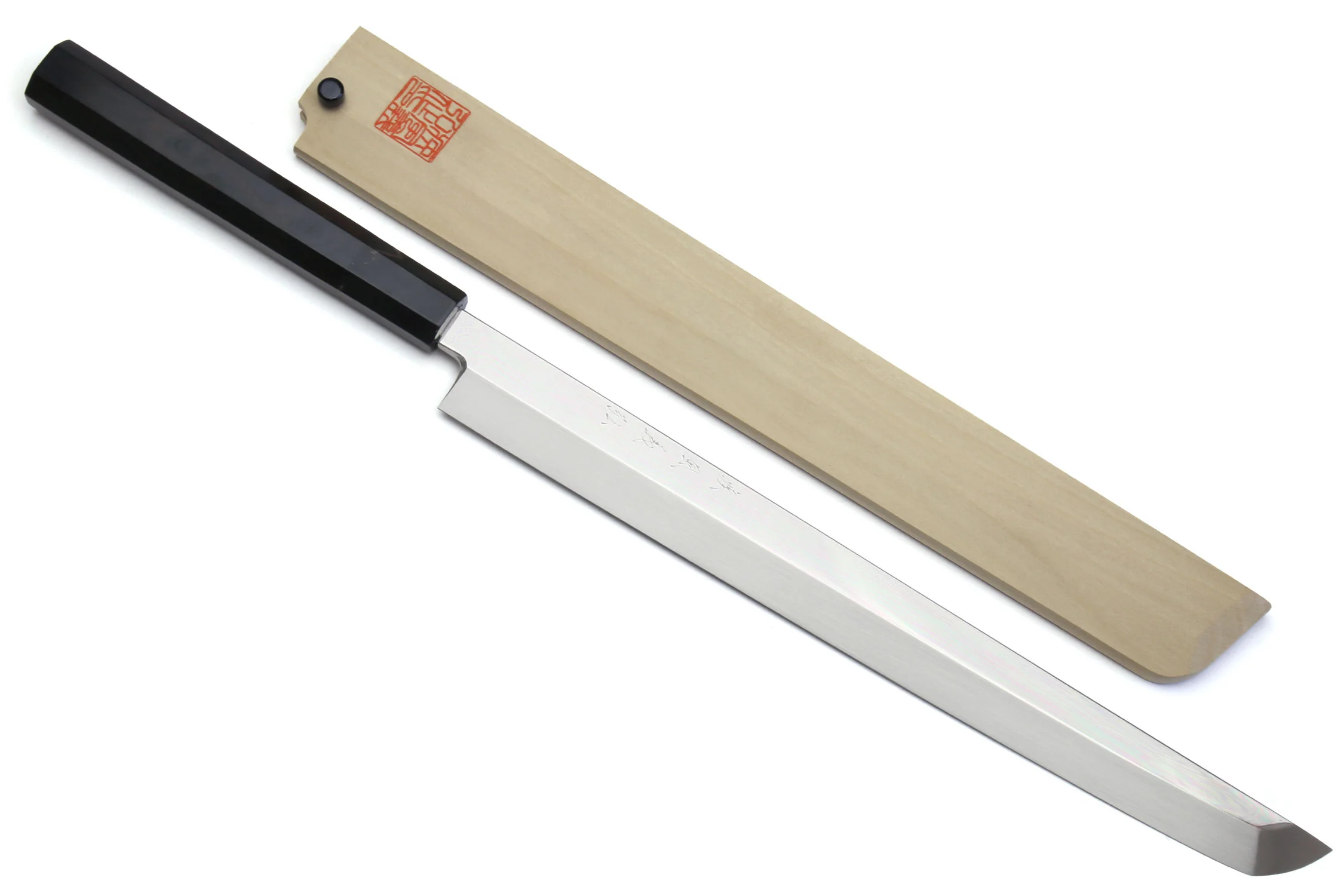 Yoshihiro Mizu Yaki Honyaki Aoko Blue Steel Mirror Polished Sakimaru Takobiki Sushi Knife Ebony Handle - Image 12