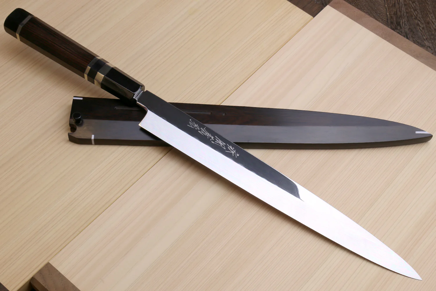 Yoshihiro Mizu Honyaki White Steel #1 Two Sided Mirror-Finished Namiukashi Yanagi Premium Triple Nickel Silver Ring Ebony Handle - IKEDA UNKAI Limited Edition - Image 2