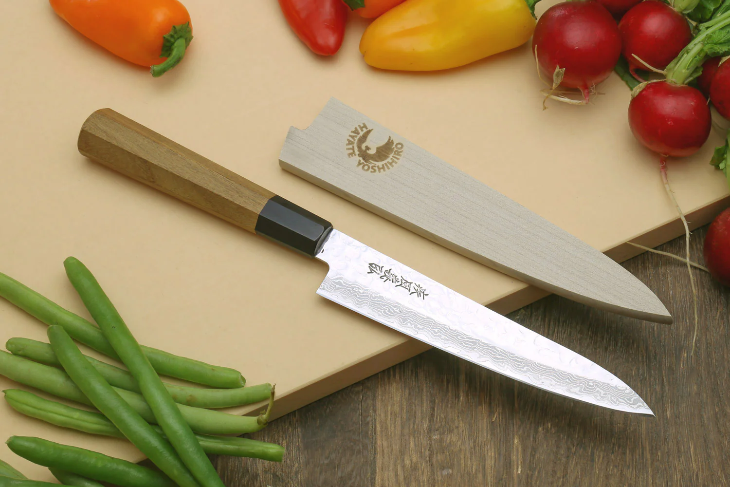 Yoshihiro VG-10 46 Layers Hammered Damascus Gyuto (210mm/240mm) Petty (150mm) Ambrosia Handle Chefs Knife Set - Image 3