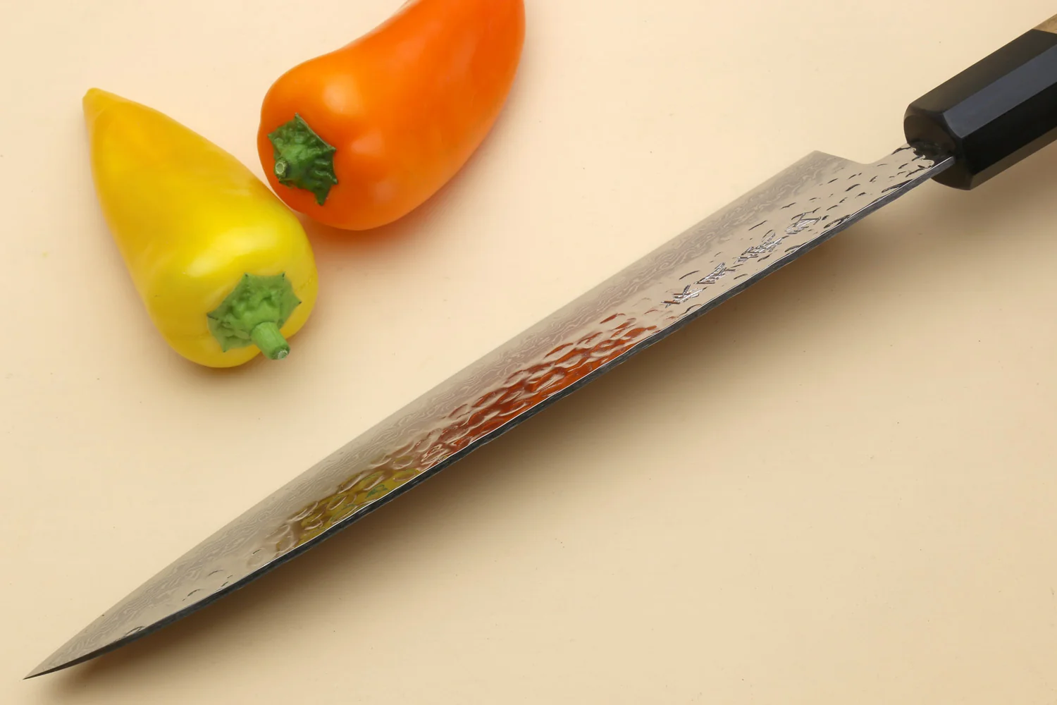Yoshihiro VG-10 46 Layers Hammered Damascus Gyuto (210mm/240mm) Petty (150mm) Ambrosia Handle Chefs Knife Set - Image 6