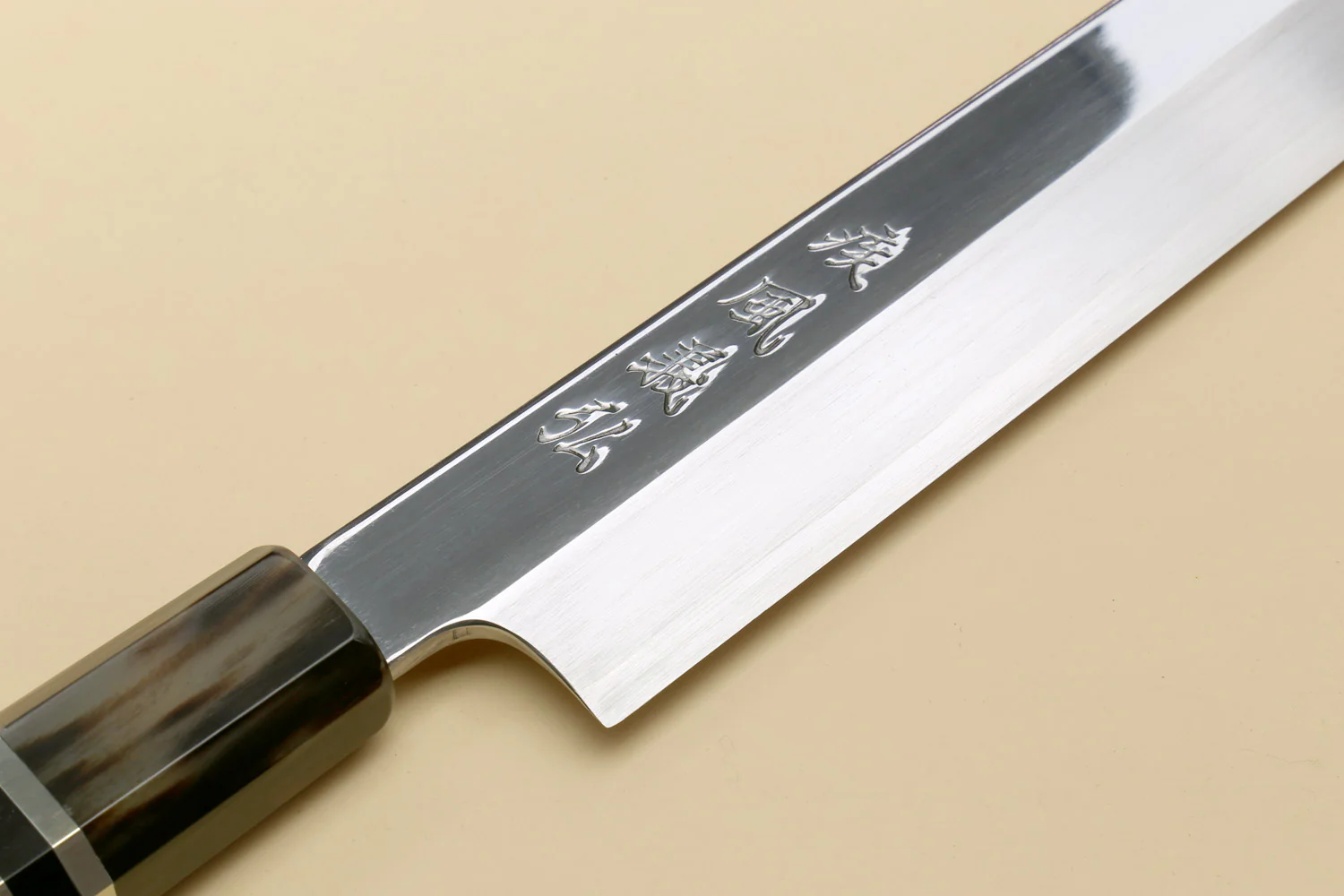 Yoshihiro SG-2 (R-2) Semi-Stainless Steel Mirror Polished Yanagi Sashimi Knife, Triple Ring Ebony Handle - Image 3