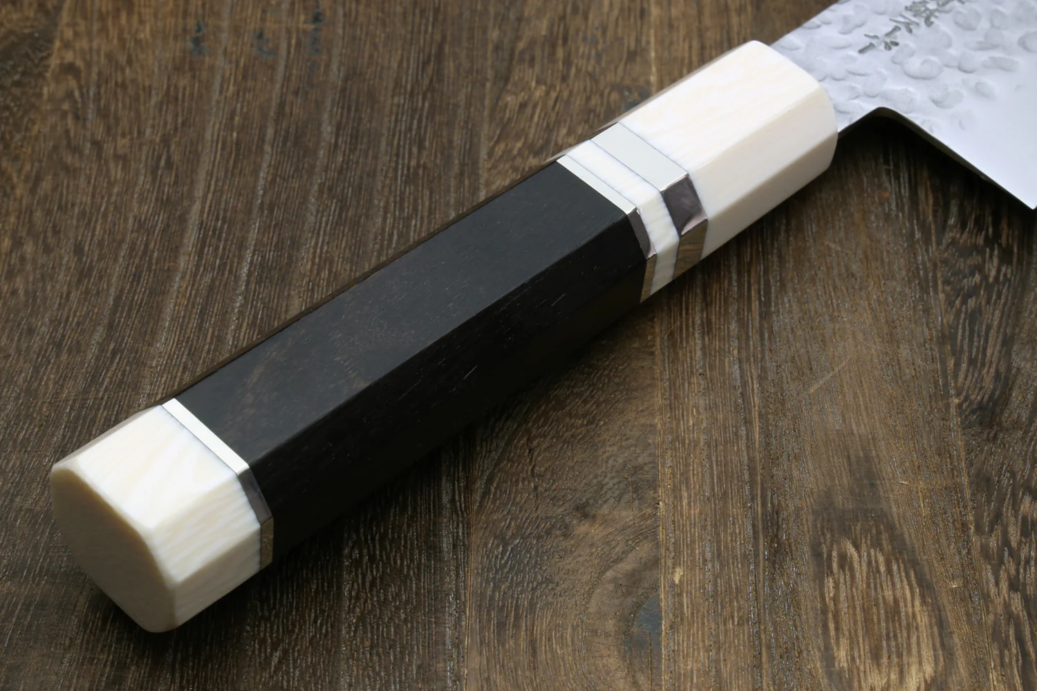 Yoshihiro Super Blue Steel Stainless Clad Hammered Gyuto Chefs Knife Ebony Wood Handle with Alternative Ivory Bolster (Blade Length: 240mm(9.5")) - Image 5