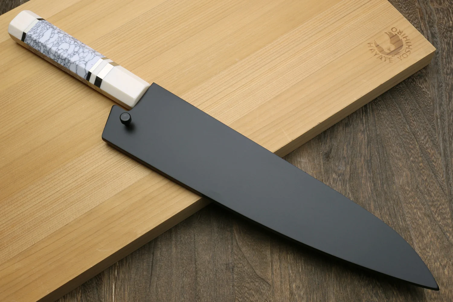 Yoshihiro Super Blue Steel Stainless Clad Hammered Gyuto Chefs Knife Howlite White Handle with Alternative Ivory Bolster (8.25" (210mm)) - Image 9
