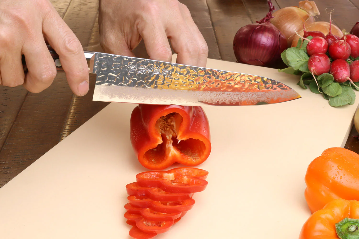 Yoshihiro VG-10 16 Layer Hammered Damascus Stainless Steel Gyuto and Petty Knife Set - Image 3