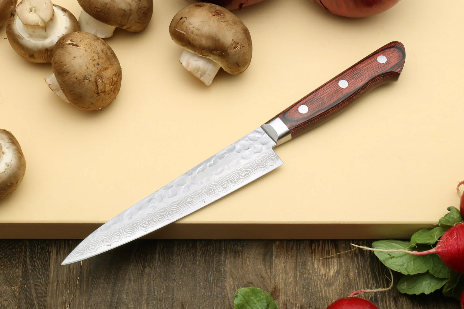 Yoshihiro VG-10 16 Layer Hammered Damascus Stainless Steel Gyuto and Petty Knife Set - Image 6