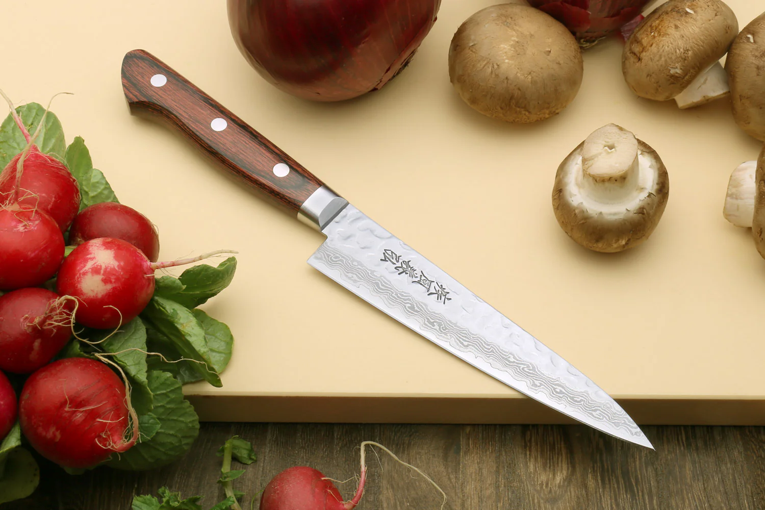 Yoshihiro VG-10 16 Layer Hammered Damascus Stainless Steel Nakiri and Petty Knife Set - Image 6