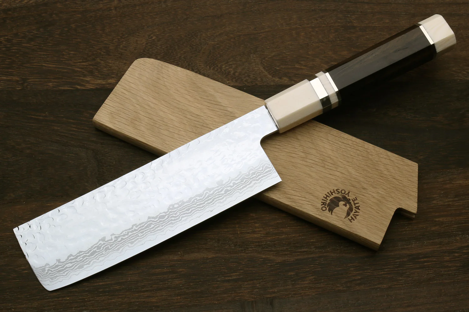 Yoshihiro VG-10 46 Layers Hammered Damascus Nakiri Japanese Vegetable Knife (6.5" (165mm)) (Ebony Handle with Alt Ivory Bolster) - Image 2