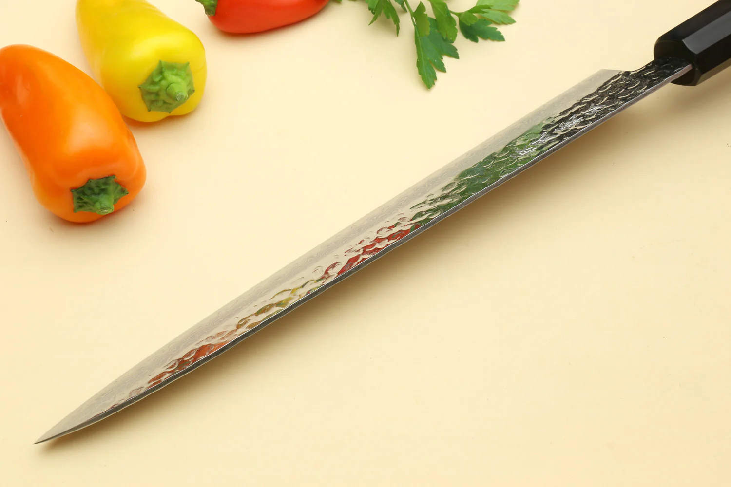 Yoshihiro VG-10 46 Layers Hammered Damascus Sujihiki Japanese Slicer Knife (Octagonal Ambrosia Handle) (9.5" (240mm)) - Image 5