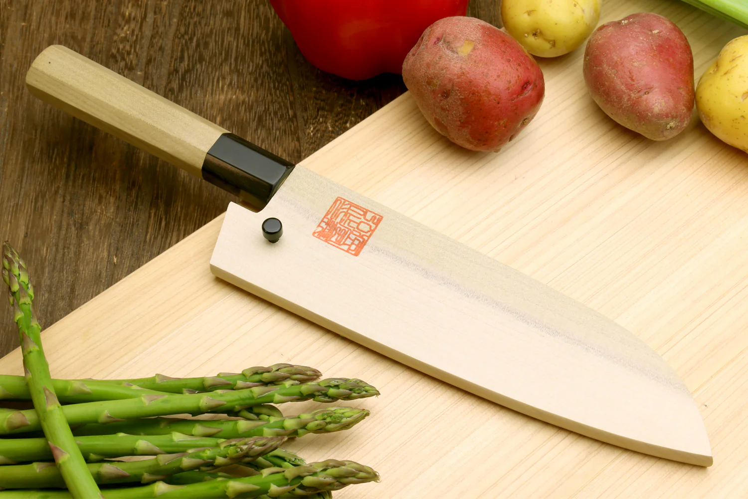 Yoshihiro White Steel #1 Stainless Clad Santoku Multipurpose Knife with Magnolia Wood Handle - Image 9